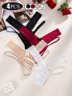 4 Piece Set Low Waist Fashion Panties, Women's Sexy Erotic Charm Design Underpants