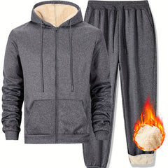 Men's Fleece-Lined Hoodie & Joggers Set - Casual, Warm Outdoor Sportswear with Zip-Up Jacket and Drawstring Pants