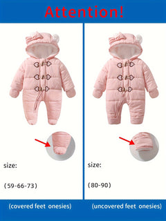 Baby Girls Cute Fleece Warm Hooded Bodysuit With Love Heart Button & Bow Accessories, With Cute Gloves, Suitable For Winter Outdoors