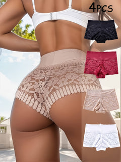 4pcs Women's Autumn and Winter Flat Leggings Lace Shorts Hollow Breathable Lace Lingerie Pants Women's Lingerie Set