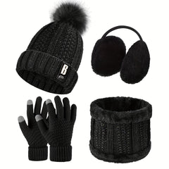 4pcs Winter Accessories Set for Women - Polyester Knitted Beanie Hat with Pompom, Ear Warmers, Touch Screen Gloves, and Scarf - Skiing and Outdoor Sports Warm Set