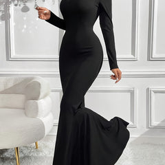 1pc Elegant High Neck Mermaid Dress for Women, Solid Color Slim Fit Polyester Knit Long Sleeve Tail Gown, Casual Style for All Seasons