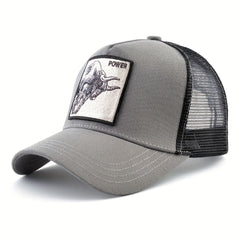 Casual Polyester Baseball Cap with Embroidered Bull, Breathable Mesh Back, for Men, Outdoor Sports Sun Protection Hat