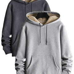 2pcs Unisex Casual Hooded Sweatshirts, Polyester Knit Fabric, Solid Color Pullover Hoodies, with Fleece Lining and Kangaroo Pocket, for Fall/Winter