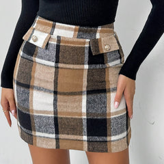 Women's Plaid Pencil Skirt, Elegant Polyester (PET) Fabric, Button Detail, Woven, Fashionable Half-Skirt for All Seasons